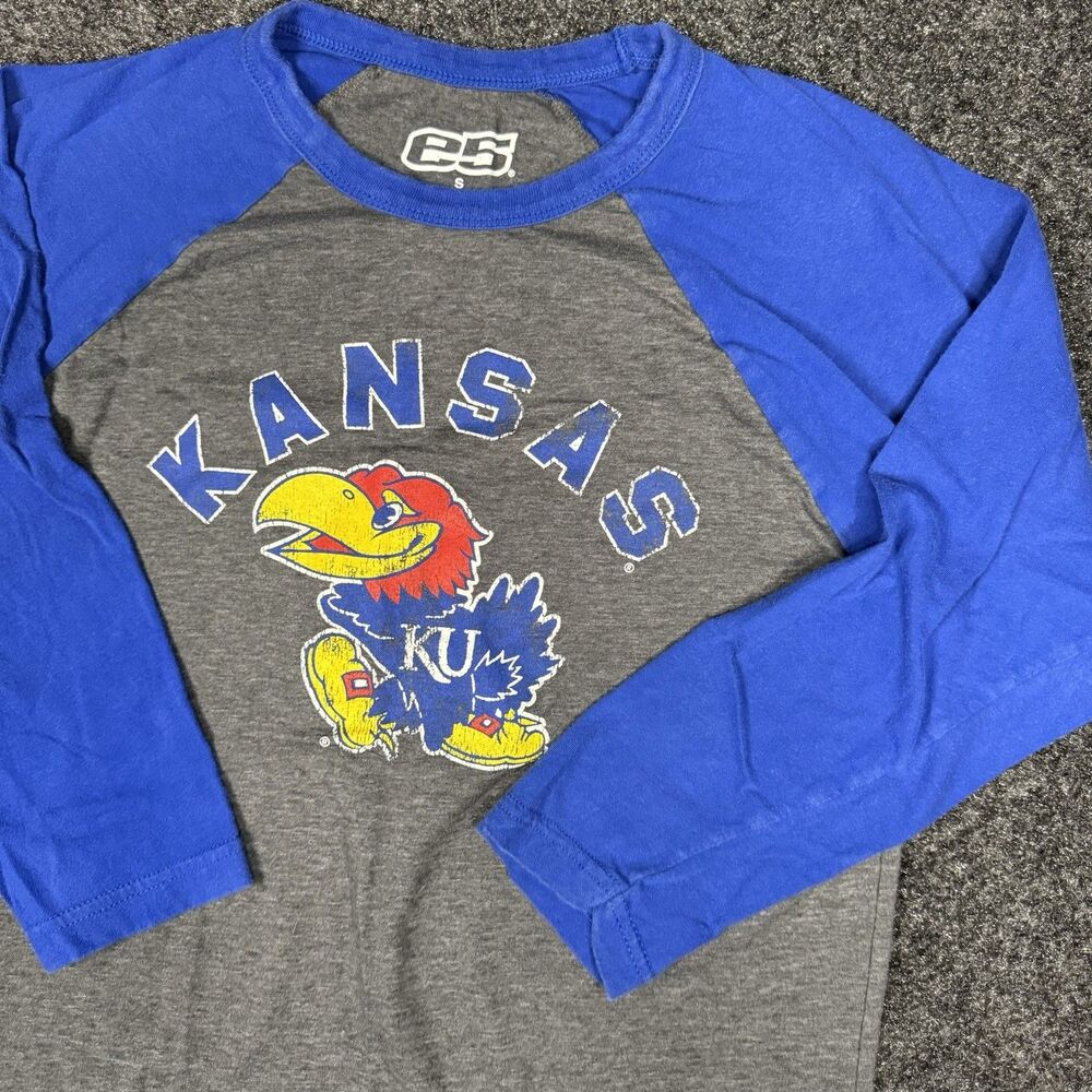 KU Kansas Jayhawks 3/4 Sleeve Raglan Shirt Distressed Logo Men’s Size Small